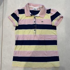 Lacoste woman's polo shirt, short sleeves, pink, blue and yellow